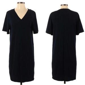 COS Wool Jacquard Lite Knit V Neck Relaxed Dress Navy Blue Short Sleeve XS